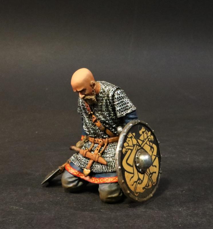 Kneeling Viking Warrior with axe and bald head (black shield with yellow monster pattern), the Vikings, The Age of Arthur--single figure #1