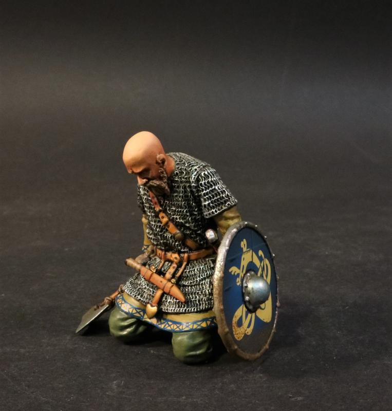 Kneeling Viking Warrior with axe and bald head (blue shield with yellow dragon pattern), the Vikings, The Age of Arthur--single figure #1