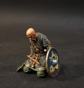 Kneeling Viking Warrior with axe and bald head (blue shield with yellow dragon pattern), the Vikings, The Age of Arthur--single figure #0