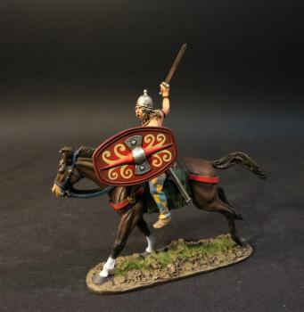 Image of Gaul Cavalry #7A (red oblong shield with yellow designs), Ancient Gauls, Armies and Enemies of Ancient Rome--single mounted figure with sword Image of Gaul Cavalry #7A (red oblong shield with yellow designs), Ancient Gauls, Armies and Enemies of Ancient Rome--single mounted figure with sword