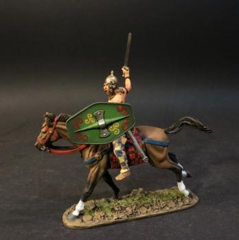 Image of Gaul Cavalry #7B (green oblong shield with yellow and red designs), Ancient Gauls, Armies and Enemies of Ancient Rome--single mounted figure with sword Image of Gaul Cavalry #7B (green oblong shield with yellow and red designs), Ancient Gauls, Armies and Enemies of Ancient Rome--single mounted figure with sword