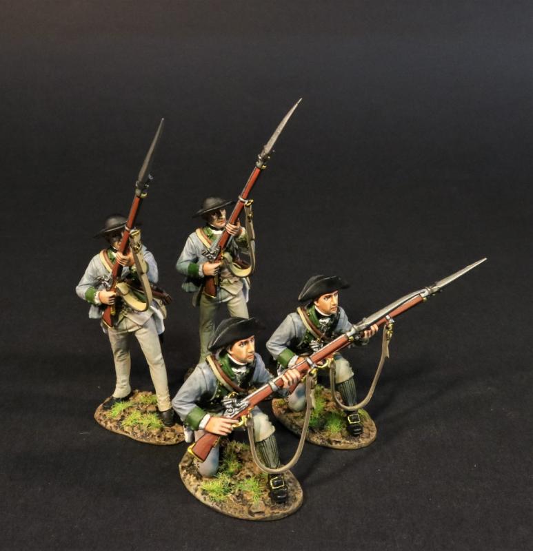 Four Line Infantry (2 standing ready, 2 kneeling ready), the 3rd New York Regiment, Continental Army, Drums Along the Mohawk--two figures #1