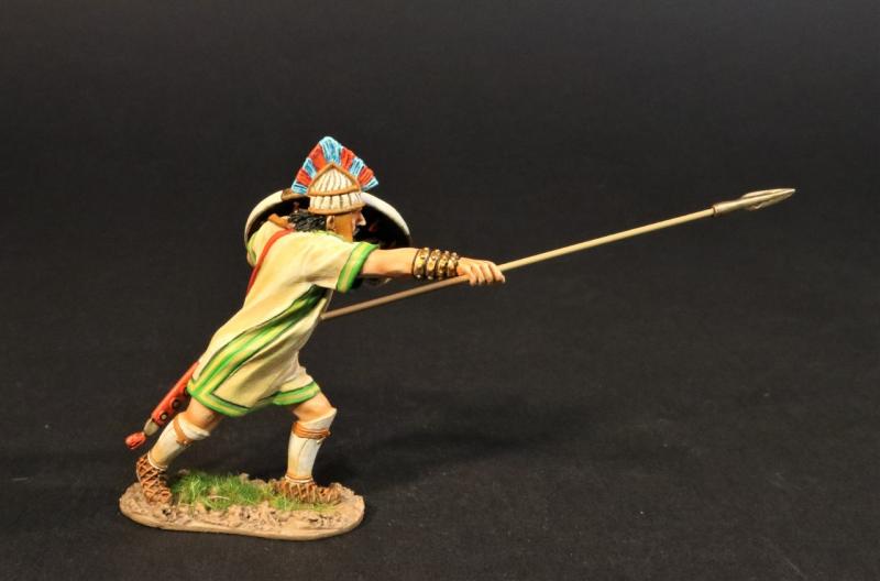 Trojan Warrior thrusting spear up and forward (tan tunic w/green trim, white and brown shield), Troy and Her Allies, The Trojan War--single figure with spear #1