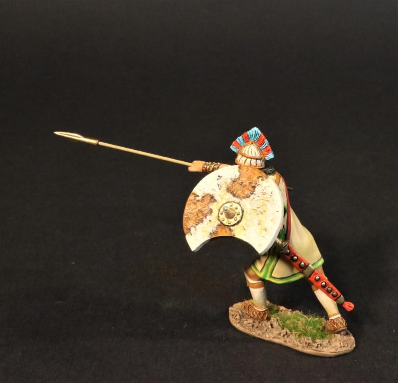 Trojan Warrior thrusting spear up and forward (tan tunic w/green trim, white and brown shield), Troy and Her Allies, The Trojan War--single figure with spear #2