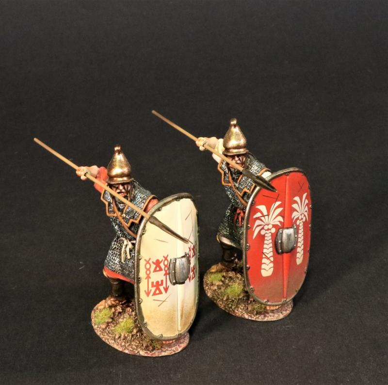Carthaginian Veteran Infantry with Spears Ready to Thrust Over Shields (red shield w/2 white palm trees, white shield w/red drawings), The Carthaginians, Armies and Enemies of Ancient Rome--two figures #1