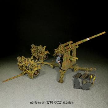 Image of German 88mm Flak 36, Dual Purpose Gun with single gunner, ammunition, crates, & carriage