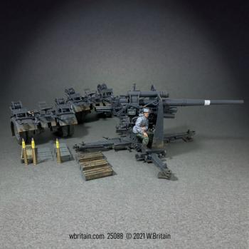 Image of German 88mm Flak 36/37 Overall Grey Gun and Carriage--includes single gunner figure, ammunition, crates, & carriage