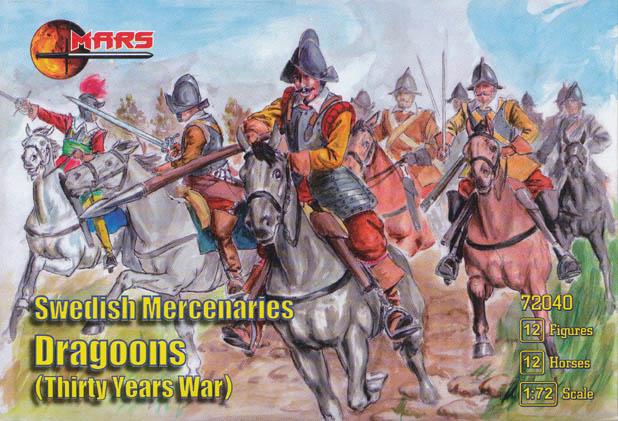 1/72 Thirty Years War Swedish Mercenaries Dragoons--12 mounted figures in 6 poses and 12 horses in 6 horse poses #1