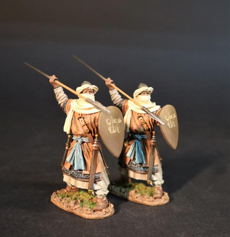 Almoravid Spearmen with Shield (tan clothes) (standing, ready to thrust spear overhand), The Almoravids, El Cid and the Reconquista, The Crusades--two figures with spears #1