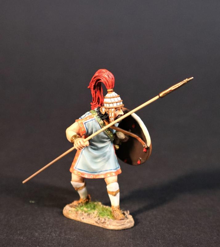 Trojan Warrior Advancing with Spear swung forward (blue tunic w/red trim, shield), Troy and Her Allies, The Trojan War--single figure with spear #1