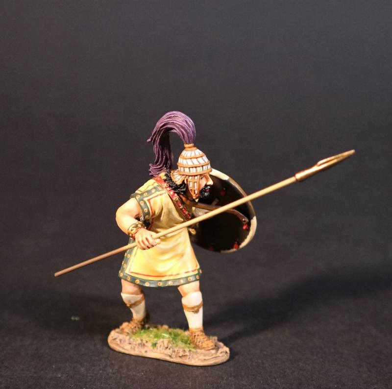 Trojan Warrior Advancing with Spear swung forward (yellow tunic w/black trim, shield), Troy and Her Allies, The Trojan War--single figure with spear #1