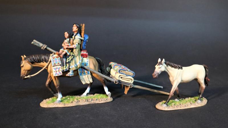 Crow Family Travois, The Crow, The Fur Trade--two Indian figures mounted on horse pulling travois & horse #1