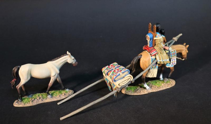 Crow Family Travois, The Crow, The Fur Trade--two Indian figures mounted on horse pulling travois & horse #2