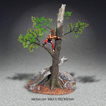 Image of A Clear Shot--Native Warrior Firing from Summer Tree--single figure on a tree