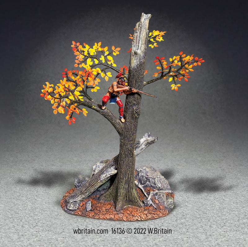 A Clear Shot--Native Warrior Firing from an Autumn Tree--single figure on a tree #1