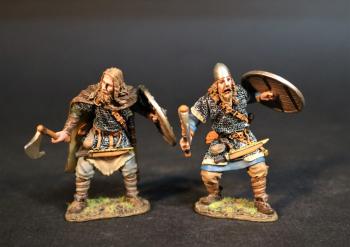 Two Viking Warriors with Axes and Shields (black shield with white entwined pattern, red shield with yellow entwined serpents), Shieldwall, the Vikings, The Age of Arthur--two figures -- LAST ONE!! Two Viking Warriors with Axes and Shields (black shield with white entwined pattern, red shield with yellow entwined serpents), Shieldwall, the Vikings, The Age of Arthur--two figures -- LAST ONE!! #46362