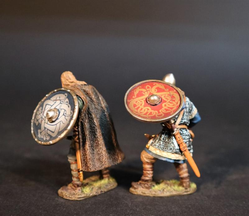 Two Viking Warriors with Axes and Shields (black shield with white entwined pattern, red shield with yellow entwined serpents), Shieldwall, the Vikings, The Age of Arthur--two figures #2