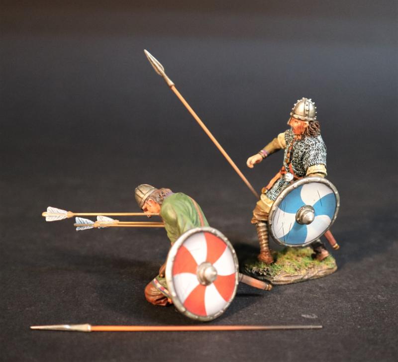 Two Wounded Saxons (standing dropping spear blue/white shield & kneeling shot with arrows with white shield with red curved cross), Anglo-Saxon/Danes, The Age of Arthur--two figures #1
