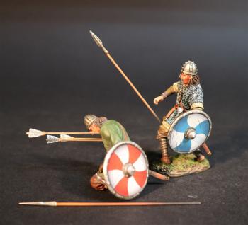 Image of Two Wounded Saxons (standing dropping spear blue/white shield & kneeling shot with arrows with white shield with red curved cross), Anglo-Saxon/Danes, The Age of Arthur--two figures