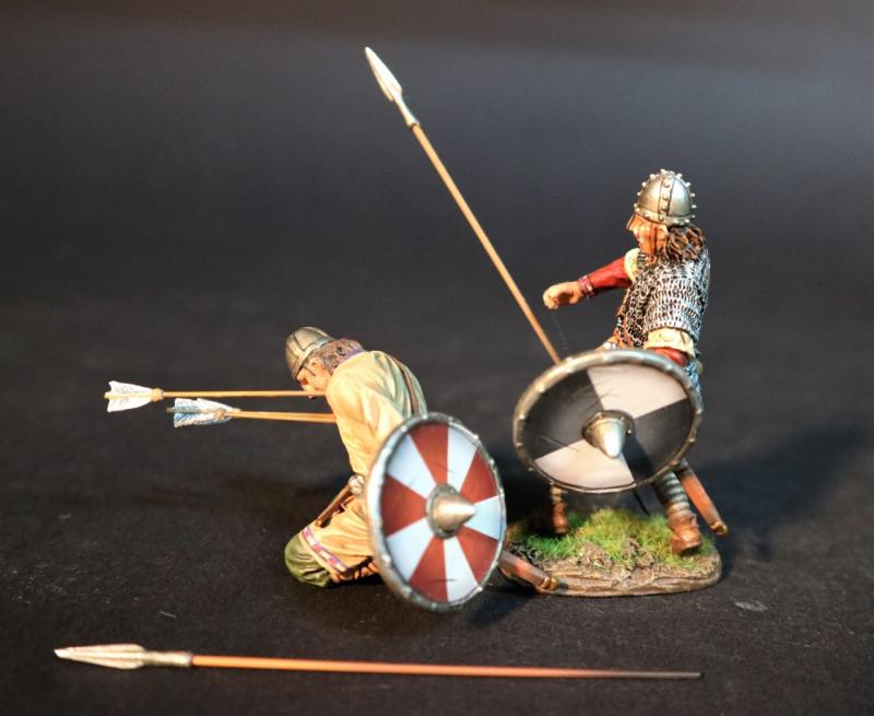 Two Wounded Saxons (standing dropping spear with quartered black & white shield & kneeling shot with arrows with shield with 10 alternating red & white wedges), Anglo-Saxon/Danes, The Age of Arthur--two figures #1