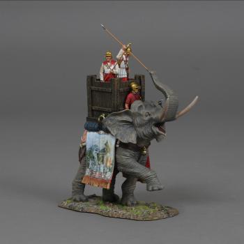 Image of Ancients War Elephant with three Carthaginian/Macedonian crew figures--new blanket design--RETIRED--LAST ONE!! Image of Ancients War Elephant with three Carthaginian/Macedonian crew figures--new blanket design--RETIRED--LAST ONE!!