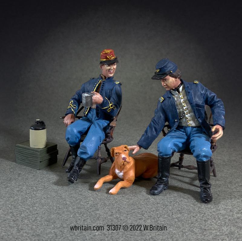 “Good Friends and Good Conversation” Two Seated Union Officers with Dog--three  figures #1
