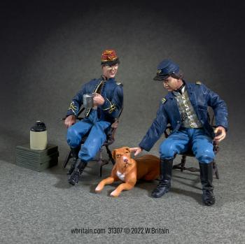 Image of “Good Friends and Good Conversation” Two Seated Union Officers with Dog--three  figures