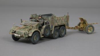 Image of Krupp Truck with Helmeted SS driver looking right and towable Pak 36 cannon--includes ammunition crates--driver wearing green painted helmet--RETIRED--LAST TWO!!